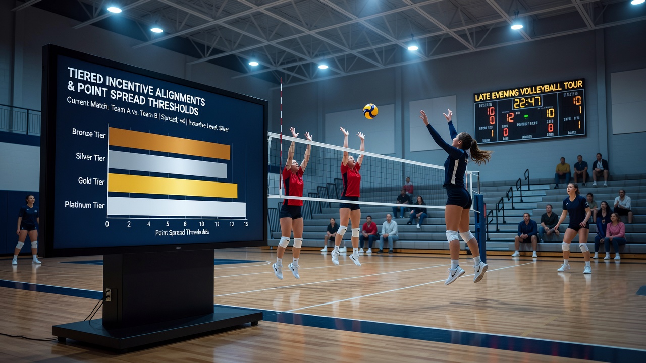 Detaillierte Ansicht einer Volleyball-App mit Punktspread-Analyse und gestaffelten Incentive-Levels während eines Nachtspiels