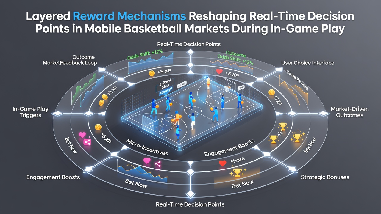 Mobile App-Oberfläche mit Echtzeit-Basketballdaten und gestaffelten Belohnungen