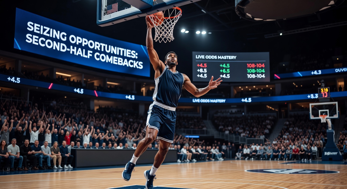 Live-Odds-Bildschirm während eines NBA-Comebacks mit steigenden Quoten und Spielaktionen