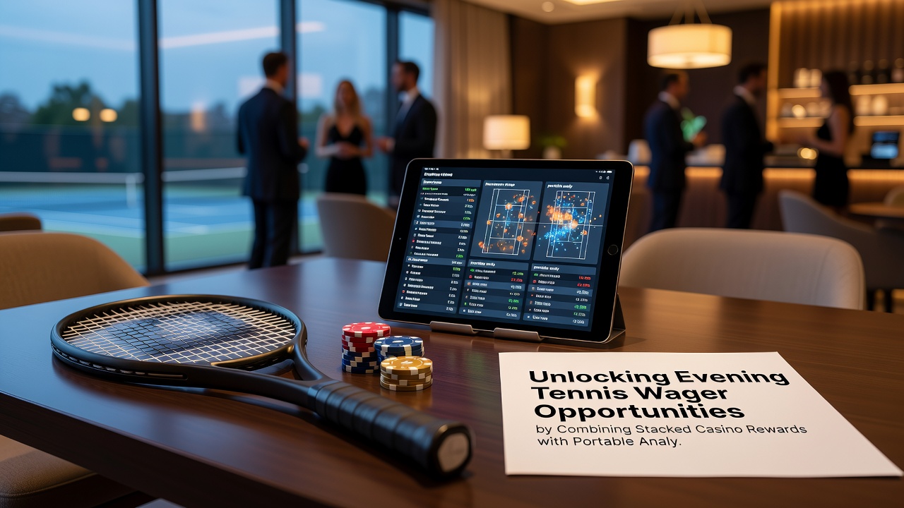 Mobile App-Oberfläche zeigt Tennis-Statistiken und gestapelte Casino-Boni während einer Abendqualifikation