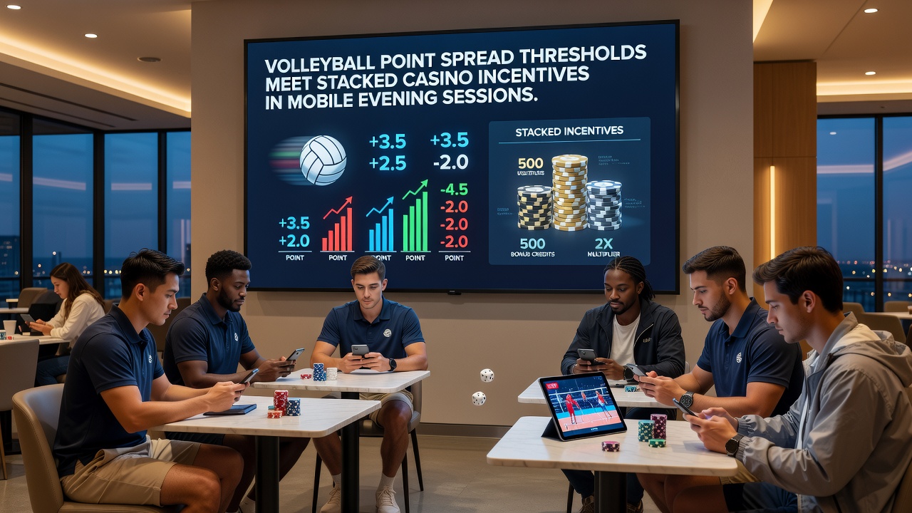 Grafische Darstellung von Punktspread-Verläufen und gestapelten Bonus-Ebenen in einer mobilen Volleyball-Wett-App während einer Abend-Session